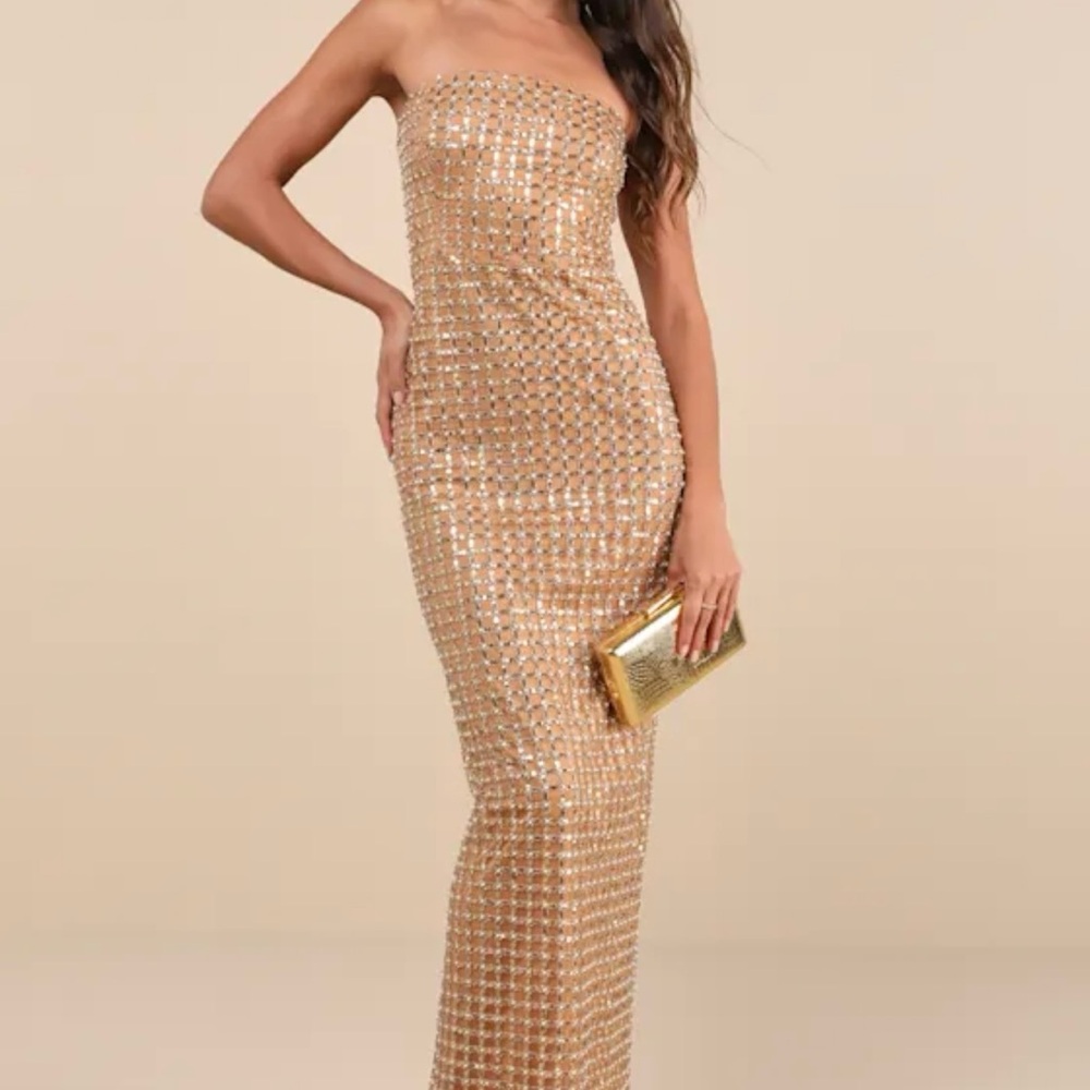 Perfect Luxurious Tan Pearl Strapless Maxi Dress